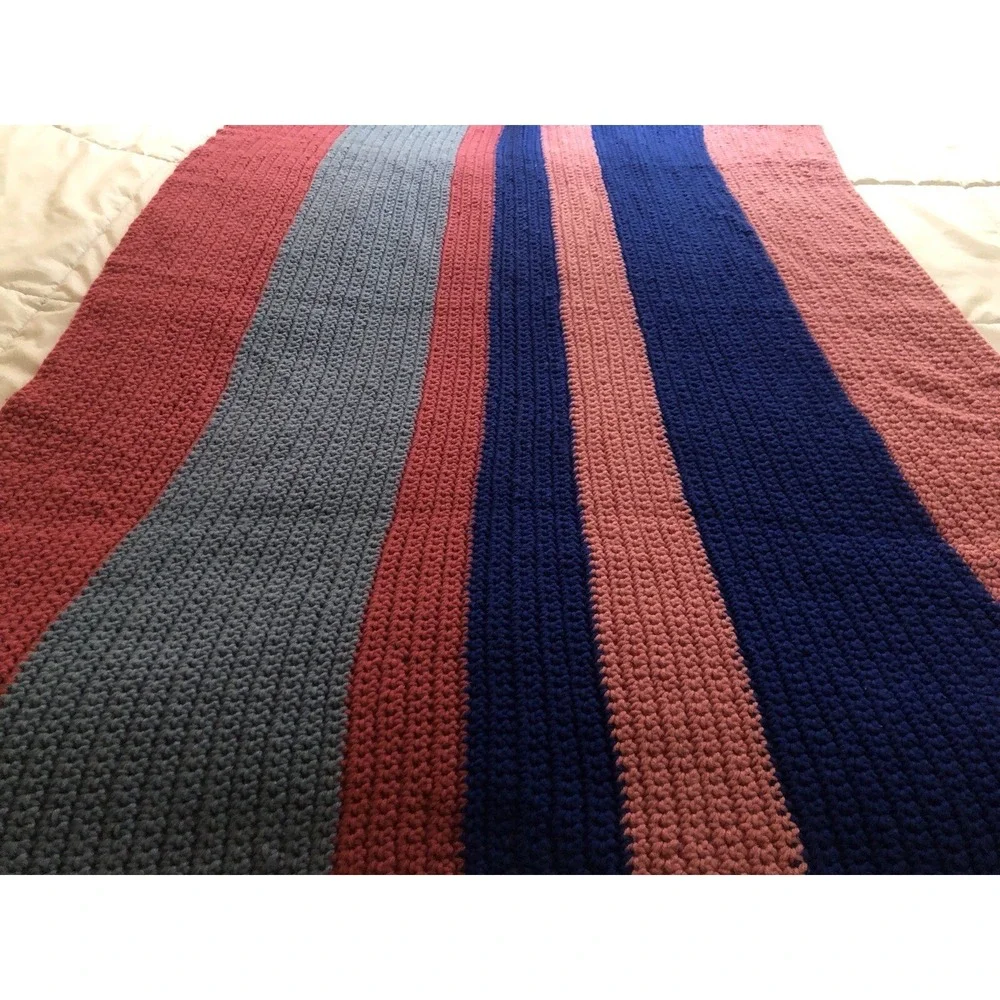 Four toned Stripes Pretty Pink Blue Vintage Afghan Cozy Couch‎ Throw Blanket